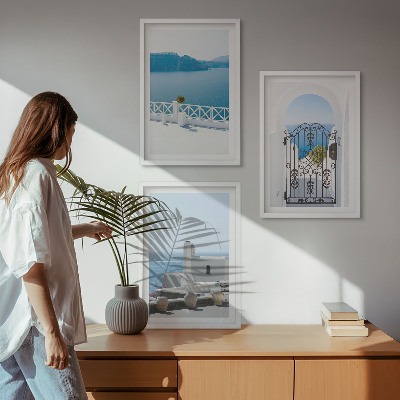Set of 3 framed wall art pieces White Sea buildings Greece