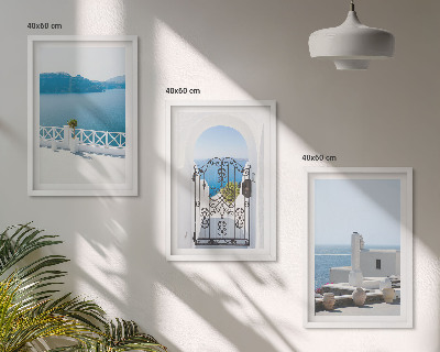 Set of 3 framed wall art pieces White Sea buildings Greece