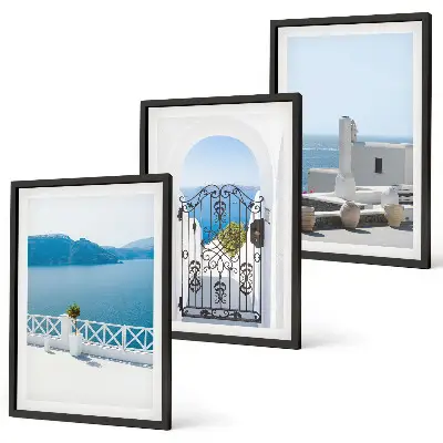 White Sea buildings Greece framed wall art set of 3 pieces