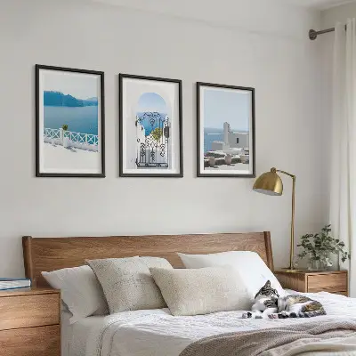 White Sea buildings Greece framed wall art set of 3 pieces