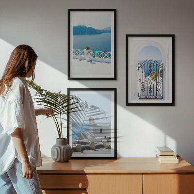 Set of 3 framed wall art pieces White Sea buildings Greece