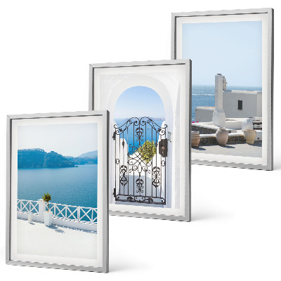 Set of 3 framed wall art pieces White Sea buildings Greece