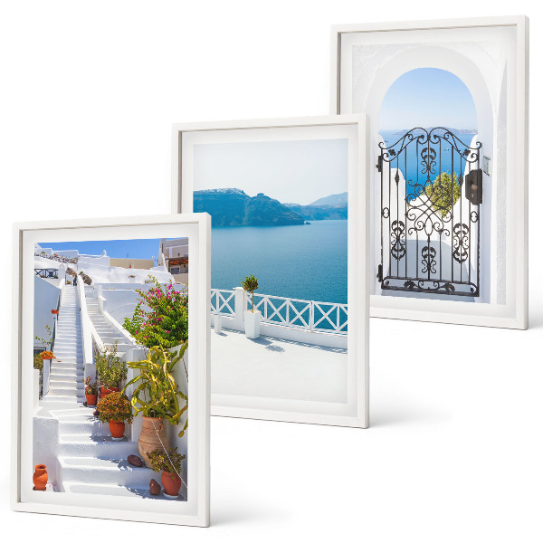 Three-piece wall art piece White stairs plants sea gate