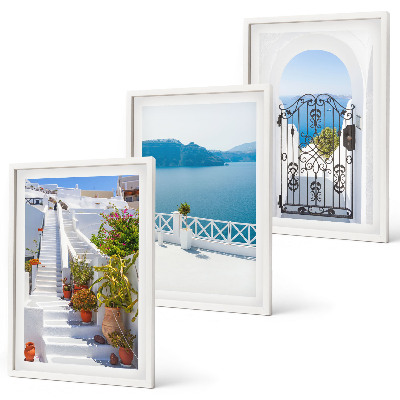 Three-piece wall art piece White stairs plants sea gate