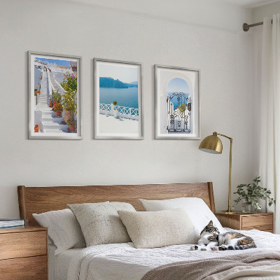 Three-piece wall art piece White stairs plants sea gate
