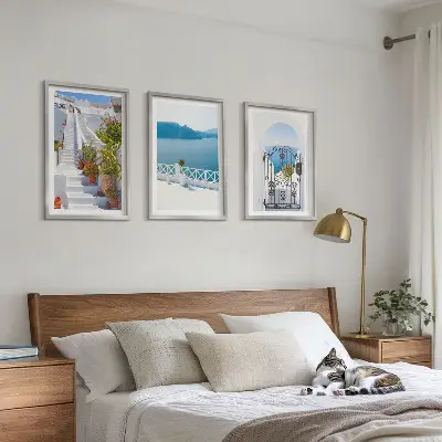 Three-piece wall art set white stairs with plants by the sea gate