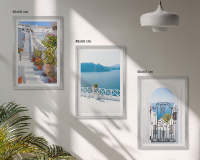 Three-piece wall art piece White stairs plants sea gate