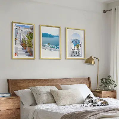 Three-piece wall art set white stairs with plants by the sea gate