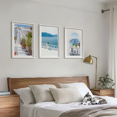 Three-piece wall art set white stairs with plants by the sea gate