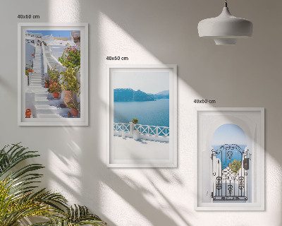 Three-piece wall art piece White stairs plants sea gate