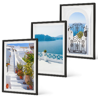 Three-piece wall art piece White stairs plants sea gate