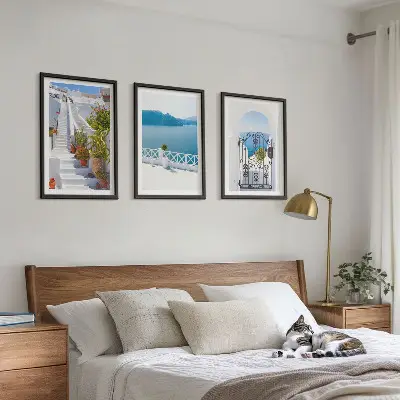 Three-piece wall art set white stairs with plants by the sea gate
