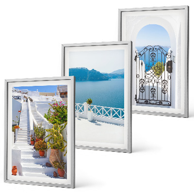 Three-piece wall art piece White stairs plants sea gate
