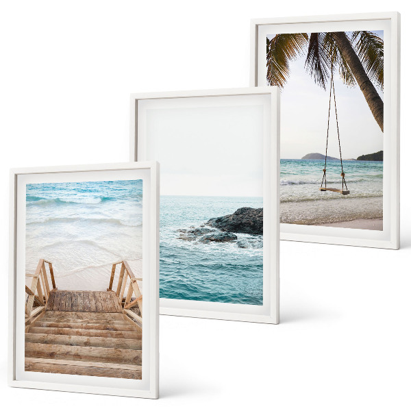 Set of 3 framed wall art pieces Stairs beach sea swing