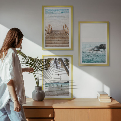 Set of 3 framed wall art pieces Stairs beach sea swing
