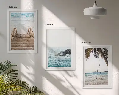 Set of 3 framed wall art pieces featuring a seaside staircase with a swing