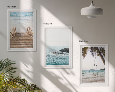 Set of 3 framed wall art pieces Stairs beach sea swing