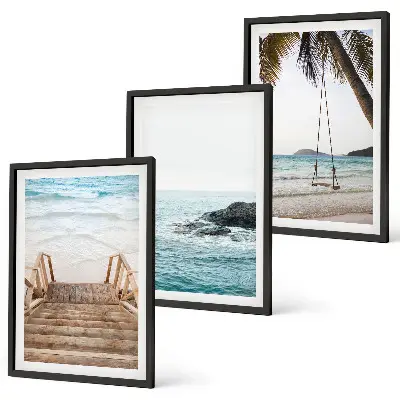 Set of 3 framed wall art pieces featuring a seaside staircase with a swing