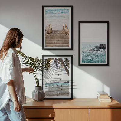 Set of 3 framed wall art pieces Stairs beach sea swing