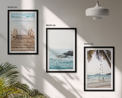 Set of 3 framed wall art pieces Stairs beach sea swing