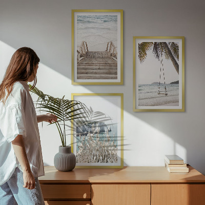 Wall art set Beach wooden stairs swing