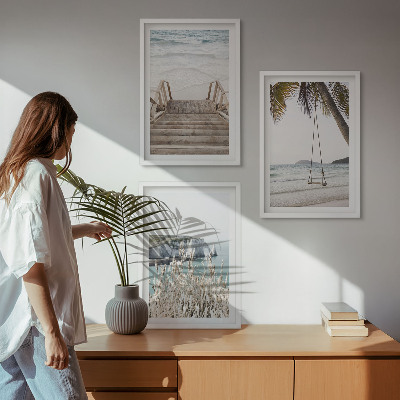 Wall art set Beach wooden stairs swing