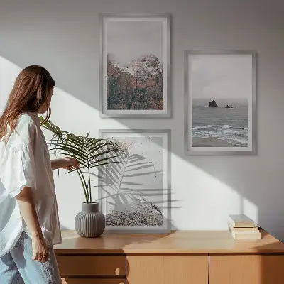 Three-piece wall art set featuring mountains, clouds, sea, and sand nature landscape