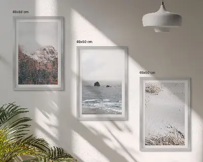 Three-piece wall art set featuring mountains, clouds, sea, and sand nature landscape