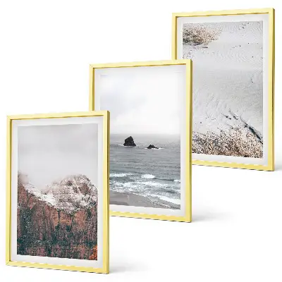 Three-piece wall art set featuring mountains, clouds, sea, and sand nature landscape