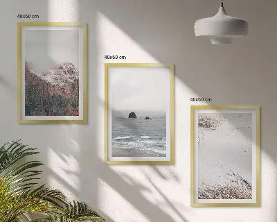 Three-piece wall art set featuring mountains, clouds, sea, and sand nature landscape