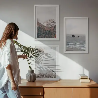 Three-piece wall art set featuring mountains, clouds, sea, and sand nature landscape