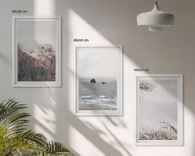 Three-piece wall art set featuring mountains, clouds, sea, and sand nature landscape