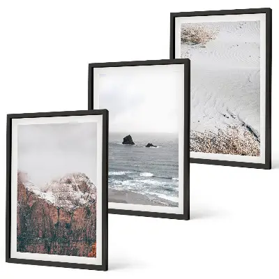 Three-piece wall art set featuring mountains, clouds, sea, and sand nature landscape