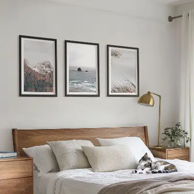 Three-piece wall art set featuring mountains, clouds, sea, and sand nature landscape