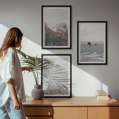 Three-piece wall art set featuring mountains, clouds, sea, and sand nature landscape