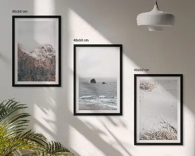 Three-piece wall art set featuring mountains, clouds, sea, and sand nature landscape