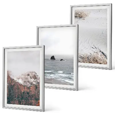 Three-piece wall art set featuring mountains, clouds, sea, and sand nature landscape