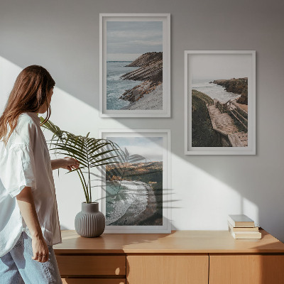 Set of 3 framed wall art pieces Cliff views, beach landscapes
