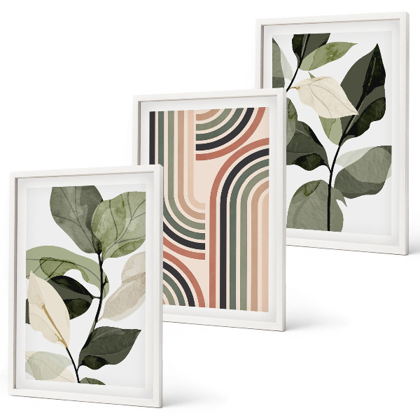 Set of 3 framed wall art pieces Geometric plant motifs