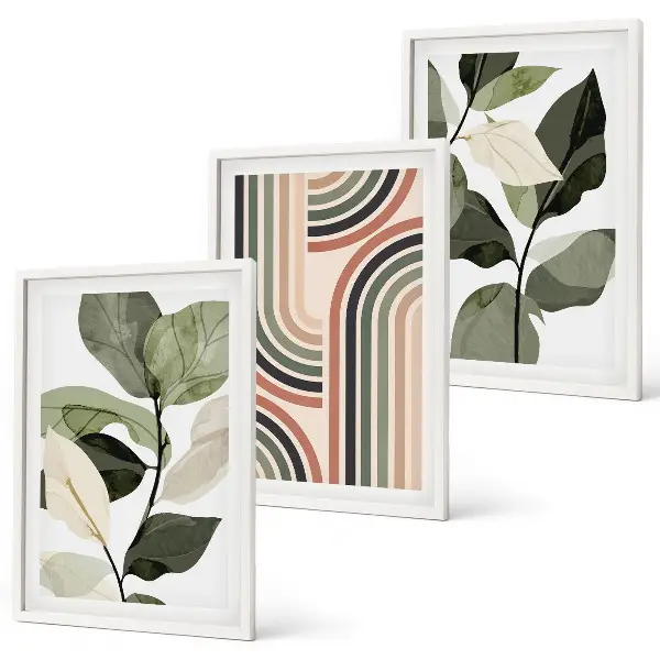 Geometric plant motifs wall art set of 3 framed pieces