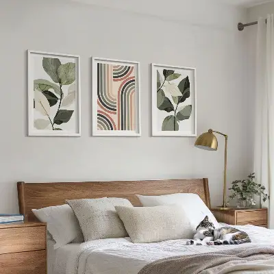 Geometric plant motifs wall art set of 3 framed pieces