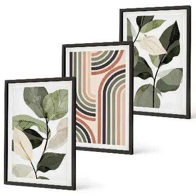Geometric plant motifs wall art set of 3 framed pieces