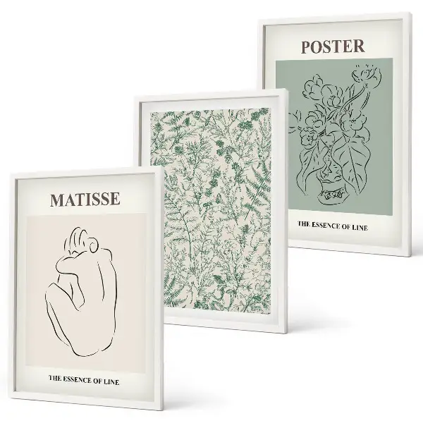 Three-piece wall art set with minimalist plant line patterns