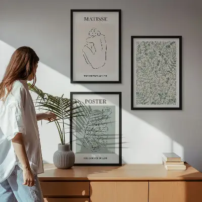 Three-piece wall art set with minimalist plant line patterns