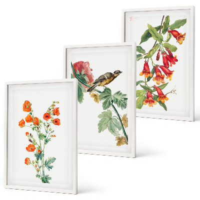 Three-piece wall art piece Painted flowers and a bird