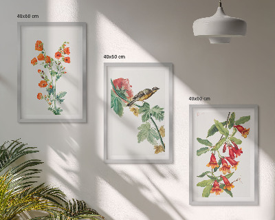 Three-piece wall art piece Painted flowers and a bird