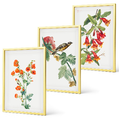 Three-piece wall art piece Painted flowers and a bird