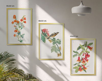 Three-piece wall art piece Painted flowers and a bird