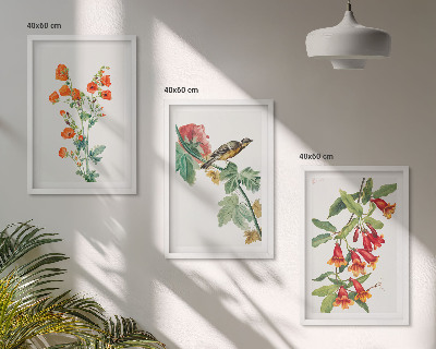 Three-piece wall art piece Painted flowers and a bird