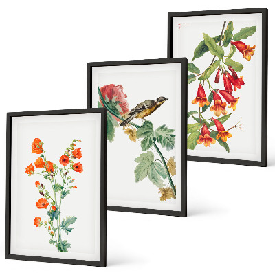 Three-piece wall art piece Painted flowers and a bird